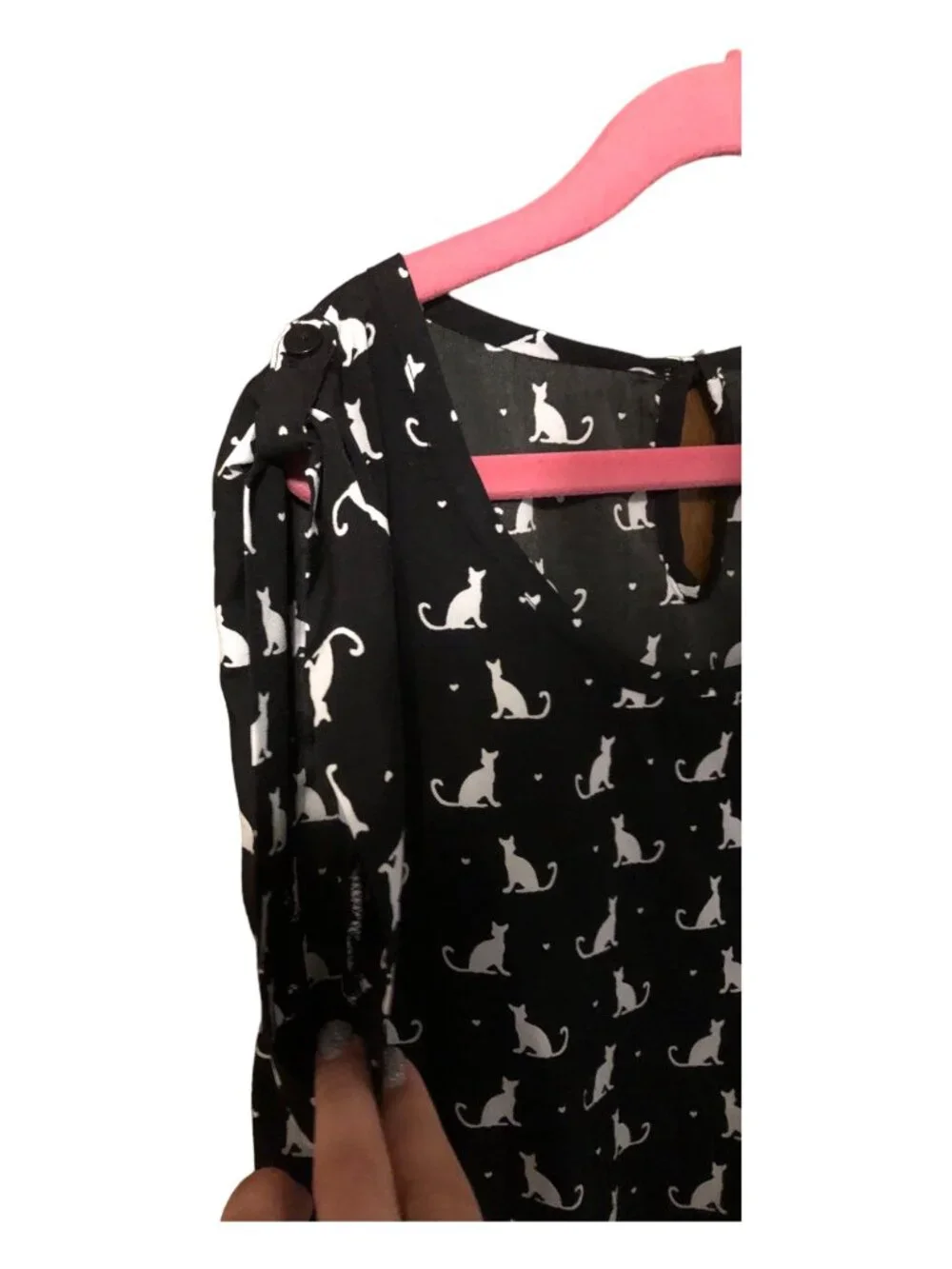 White Cat Print Black Short Sleeve Sun Dress Accent Bow Pockets Sz XL (14-6)